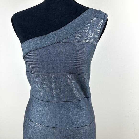 Bebe One Shoulder Bandage Dress Metallic Gray Bodycon Party Cocktail Y2K Size M - Picture 2 of 11